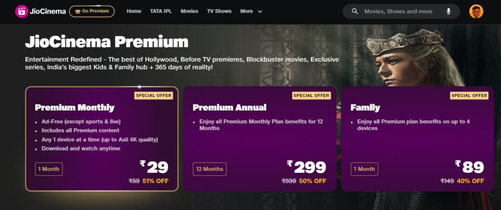 JioCinema Premium Annual Plan